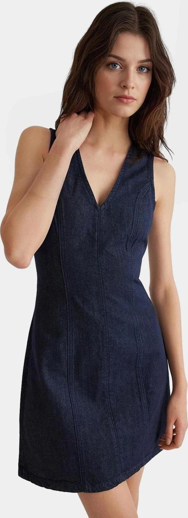 Pamuk Denim Mini Elbise V Yaka Kolsuz Yazlık Rahat Günlük Yüksek Kalite Seçkin Malzeme - Image 1