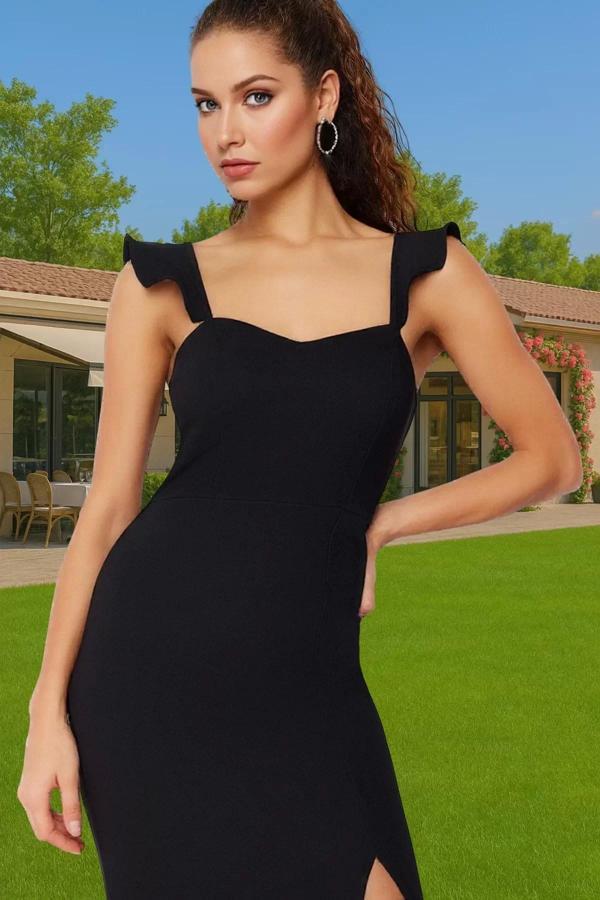 Zarif Kalp Yaka Midi Boy Bodycon Finike Dokuma Elbise Özenle Seçilmiş Özel Tasarım Kaliteli İşçilik - Image 1