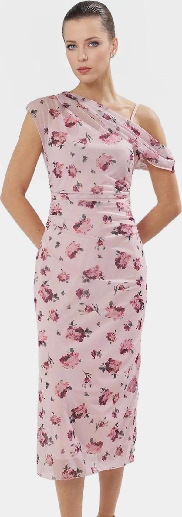 Bodycon Midi Tül Elbise Şık Asimetrik Yaka ve Çiçek Desen Uzun Ömürlü Özenle Seçilmiş - Image 1