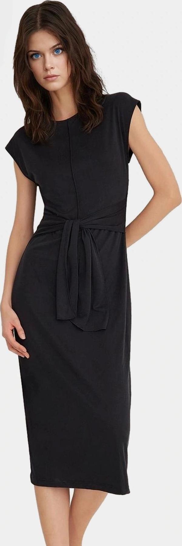 Rahat Modal Pike Örme Elbise Bisiklet Yaka Kuşak Detayı Günlük Stil Midi Boy Şık Görünüm - Image 1