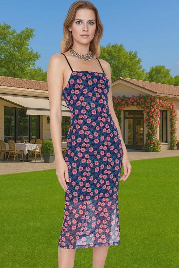 Esnek Bodycon Midi Elbise Kare Yaka Tül Kumaş Yazlık Kaliteli İşçilik Yüksek Kalite Premium Kalite - Image 1