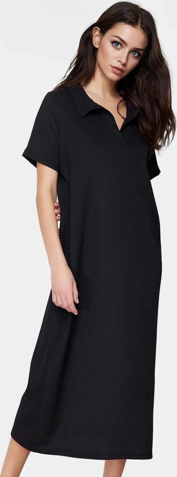 Rahat Kalıp Örme Midi Elbise Yazlık Polyester Kumaş Polo Yaka Kısa Kol Premium Kalite - Image 1