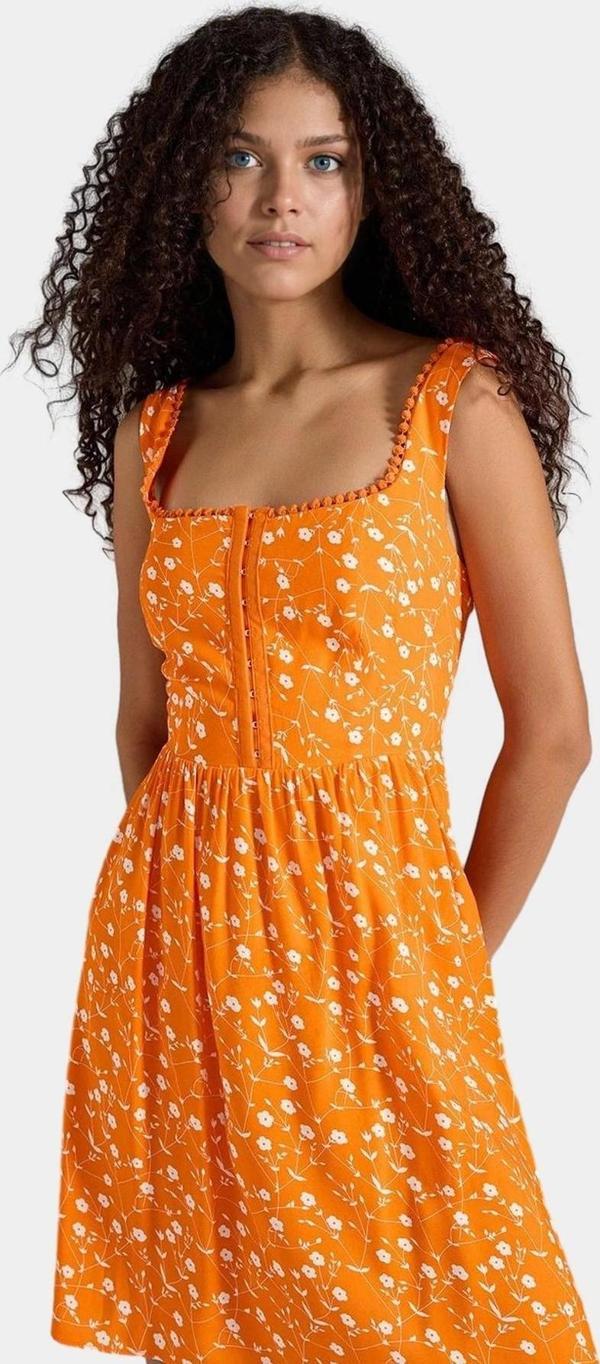 Çiçekli Agraflı Mini Elbise Viskoz Kumaş Skater Kalıp Yazlık Profesyonel Görünüm - Image 1