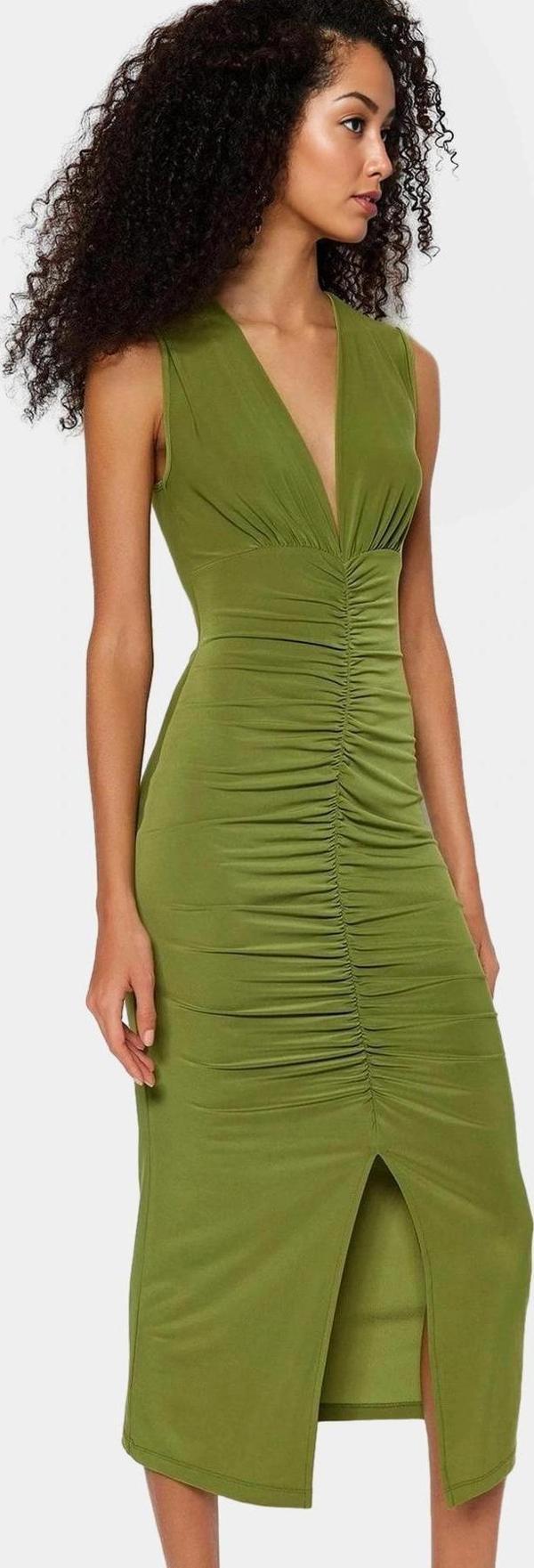 Rahat Ve Şık Bodycon Midi Elbise Örme Kumaş V Yaka Büzgü Detaylar 120 cm Boy - Image 1