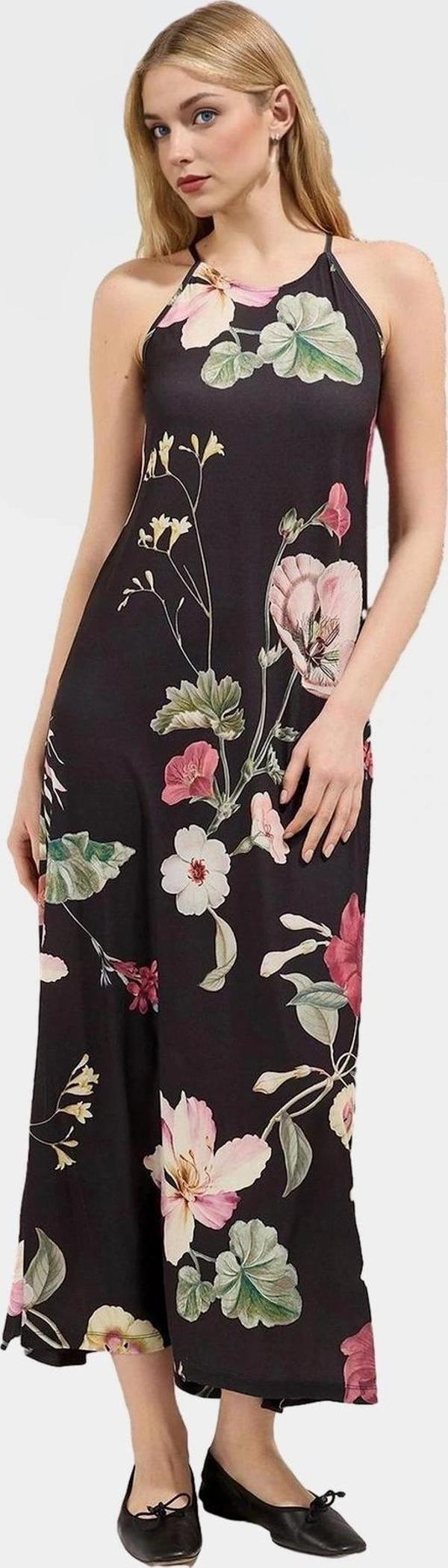 Halter Yaka Maxi Elbise Örme Kumaş Çiçekli Desen Rahat Kalıp Konforlu Kesim Ve Şık - Image 1