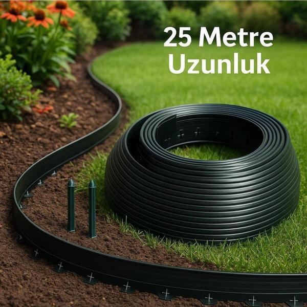 Geosu Teknik Üreticiden Siyah Çim Ayırıcı, Peyzaj Sınırlayıcı - Toprak Taş Ayıracı -25 Metre 40 Adet Sabitleme - Image 1