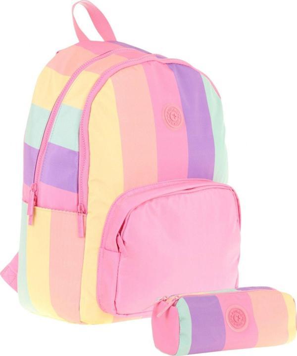 Kaukko Çizgili Pembe Çok Renkli Kız Çocuk Okul Çantası ve Kalemlik Seti (KK - K1802+KK - K2713) - Image 1