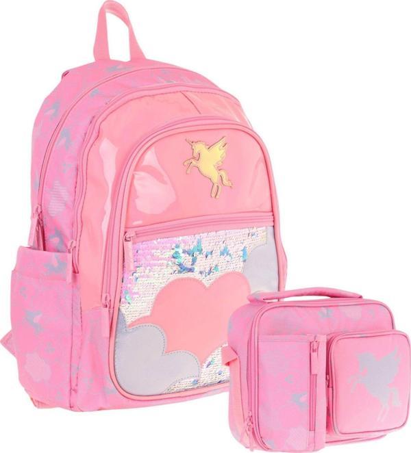 Kaukko Kids Pullu Bulut Desenli, Kız Çocuk Pembe Okul Çantası + Beslenme Çantası Seti (L5218+L7218) - Image 1