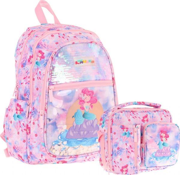 Kaukko Kids Pullu Denizkızı Desenli, Kız Çocuk Pembe Mavi Okul Çantası + Beslenme Çantası Seti (L5217+L7217) - Image 1