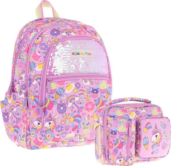 Kaukko Kids Pullu Sweet Desenli, Kız Çocuk Lila Okul Çantası + Beslenme Çantası Seti (L5215+L7215) - Image 1
