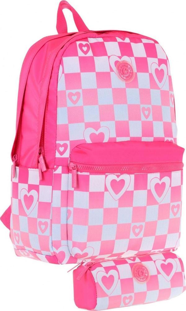 Kaukko Nature Dama ve Kalp Desenli Pembe Kız Çocuk Okul Çantası ve Kalemlik Okul Seti - Image 1