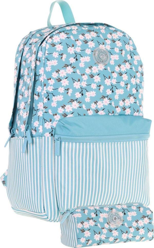 Kaukko Soft Floral Çiçek ve Çizgi Desenli Turkuaz Kız Çocuk Okul Çantası ve Kalemlik Okul Seti - Image 1