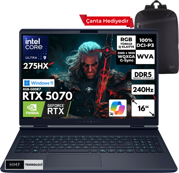 Dell Alienware 16X Aurora Ultra 9-275HX 64-GBDDR5 4 TBSSD RTX5070 (8GB-GDDR7) 16" 2K WQXGA 240Hz Windows 11 Home + HMF Sırt Çantası AC16251-CU932157WHMF10 - Image 1
