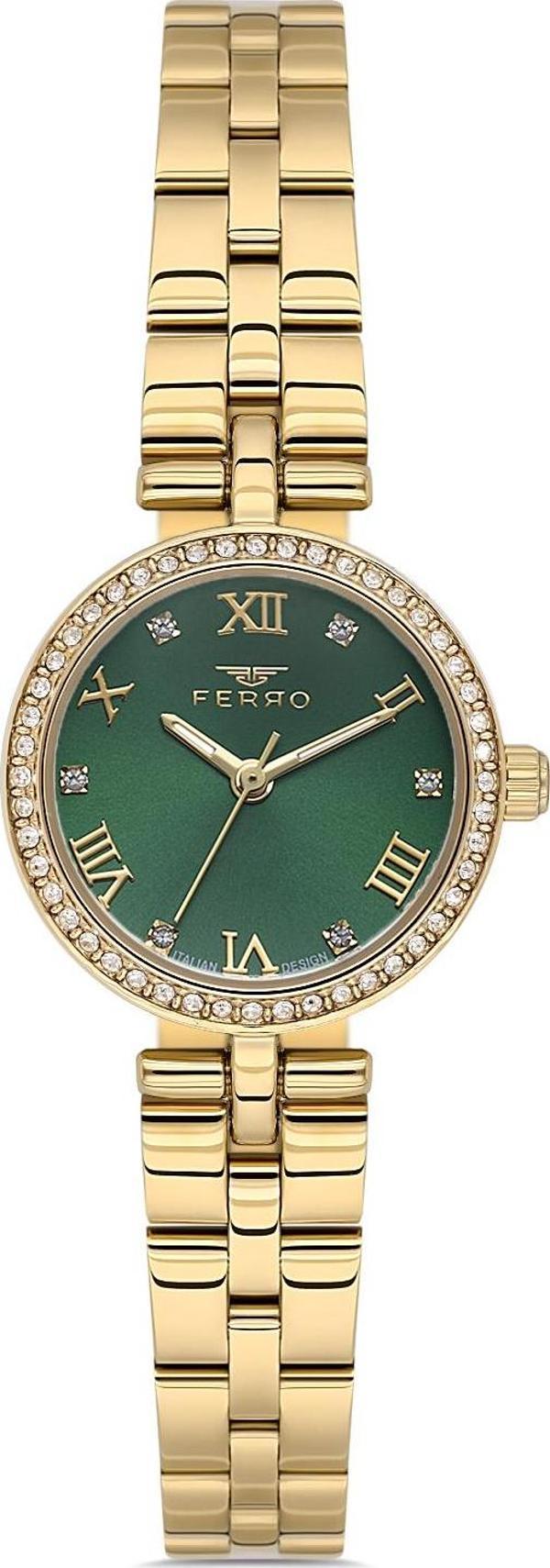 Ferro FL21612AWT-B6 Quartz Çelik Altın Rengi Yeşil Kadran 21 mm Kadın Kol Saati  - Image 1
