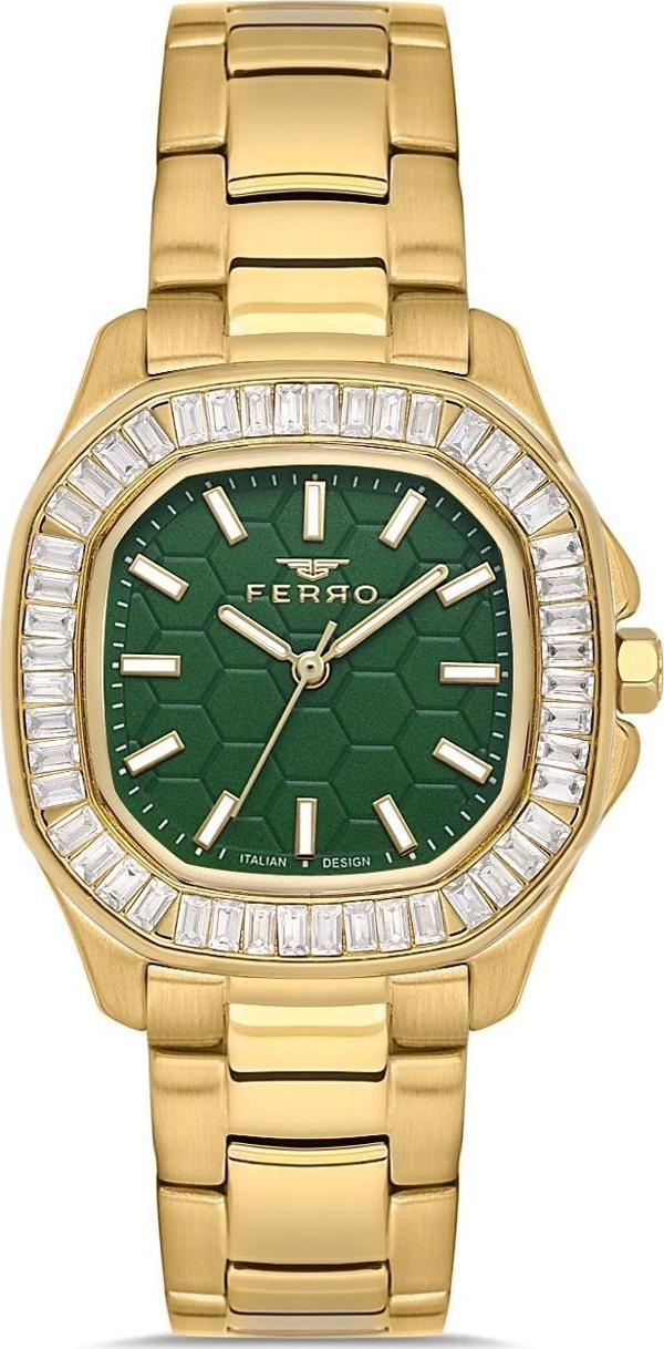 Ferro FL43008A-B6 Quartz Çelik Altın Rengi Yeşil Kadran 31 mm Kadın Kol Saati - Image 1