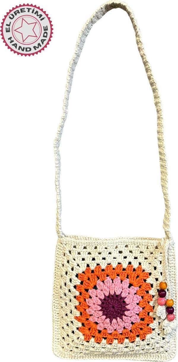 Uretti - Emine 9106 El Örgüsü Ahşap Boncuk Detaylı Mandala Model Omuz Çantası - Image 1