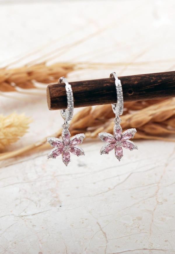 Pembe Taşlı Lotus Çiçeği Rodyumlu Gümüş Halka Küpe 7392 - Image 1