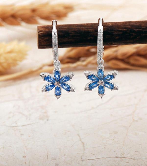 Mavi Taşlı Lotus Çiçeği Rodyumlu Gümüş Halka Küpe 7394 - Image 1
