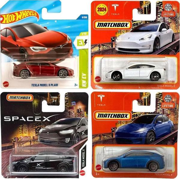4 Araç Tesla Set - Hot Wheels & Matchbox - Tesla Model S / 3 / X / Y (1:64) - Image 1