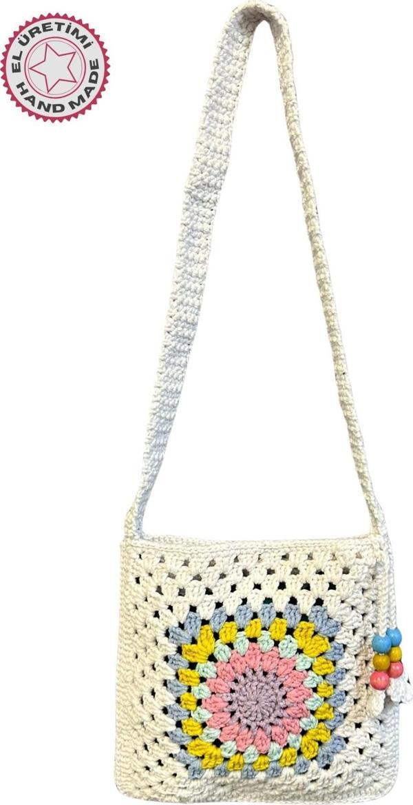 Uretti - Emine 9106 El Örgüsü Ahşap Boncuk Detaylı Mandala Model Omuz Çantası - Image 1