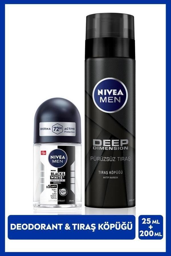 MEN Erkek Tıraş Köpüğü Deep Dimension 200ml ve Mini Roll-on Deodorant Black&White Original 25ml - Image 1