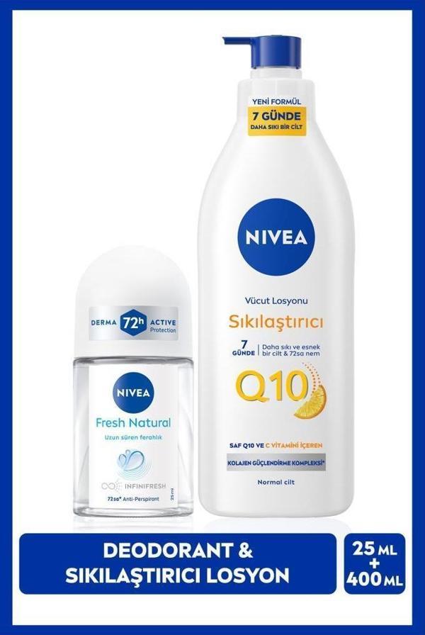 Q10 Sıkılaştırıcı Nemlendirici Vücut Losyonu400ml ve Kadın Mini Roll-on Deodorant Fresh Natural 25ml - Image 1