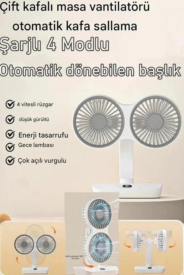 Masaüstü Dijital Ekranlı Çift Fanlı Led Işıklı Soğutucu Fan Ev Ofis Şarjlı Vantilatör - Image 1