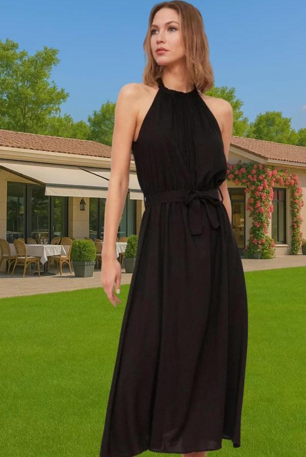 Şık Halter Yaka Midi Viskoz Elbise A Kesim Kuşak Detayı ile Dayanıklı Malzeme Dayanıklı Malzeme - Image 1