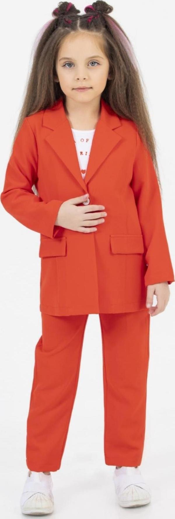 Kız Çocuk Sevimli Baskı Detaylı Fitilli Bluz Kaşkorse Blazer Ceket Turuncu Alt Üst Takım - Image 1