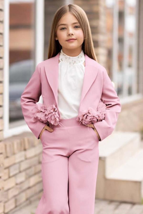 Kız Çocuk Çiçek Broş Detaylı Blazer Ceket Halter Yaka Taş Detaylı Bluz Pembe Alt Üst Takım - Image 1