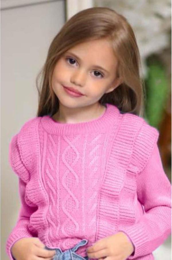 Kız Çocuk Fırfır ve Saç Örgü Detaylı Triko Bluz ve Jeans Pantolon Pembe ALt Üst takım - Image 1