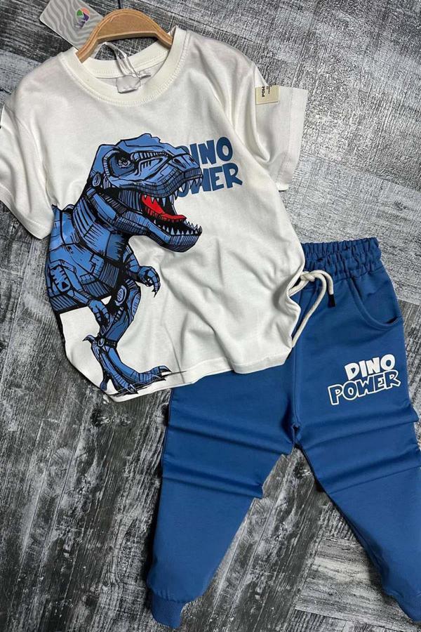 Erkek Çocuk Dinazor Digital Baskı Ve Yazı Detaylı T-Shirt Mavi Eşofman Takım - Image 1