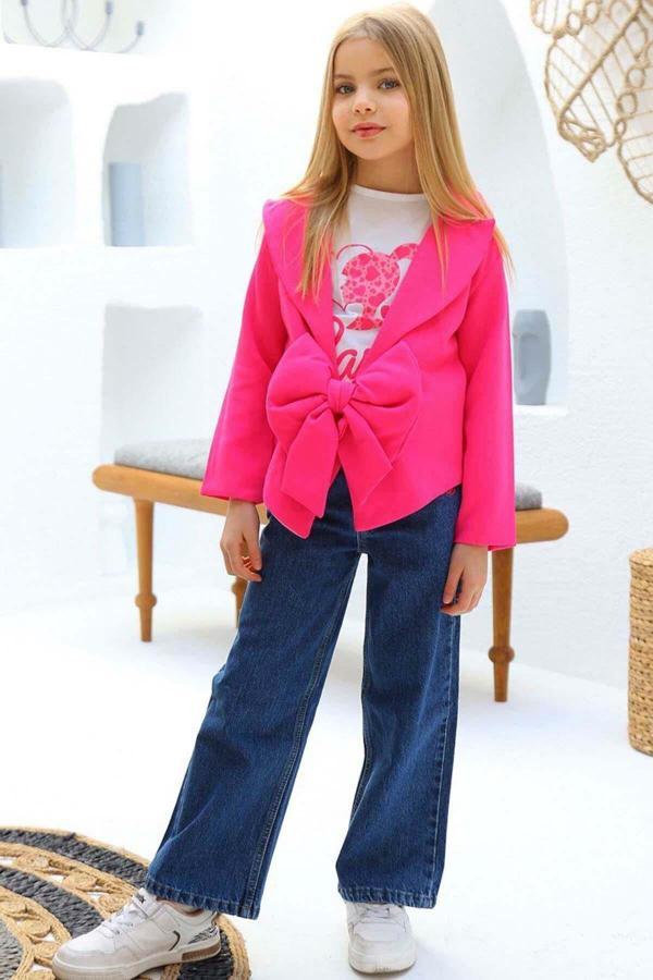 Kız Çocuk Digital ve Yazı Baskılı Tişört Önü Fiyonklu Blazer Ceket Pembe Alt Üst Takım - Image 1