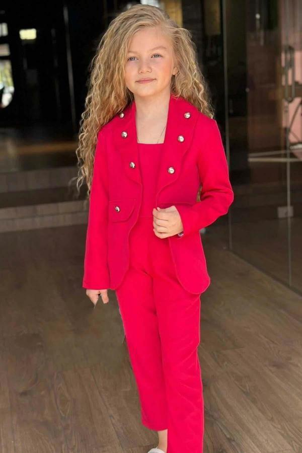 Kız Çocuk Gümüş Düğme Detaylı Blazer Ceket ve Fuşya Alt Üst Takım - Image 1