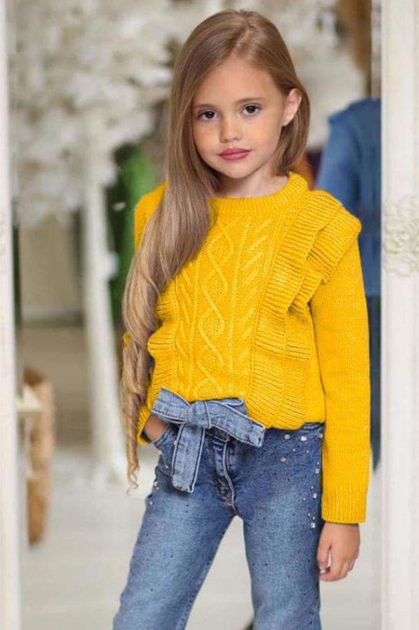 Kız Çocuk Fırfır ve Saç Örgü Detaylı Triko Bluz ve Jeans Pantolon Sarı ALt Üst takım - Image 1