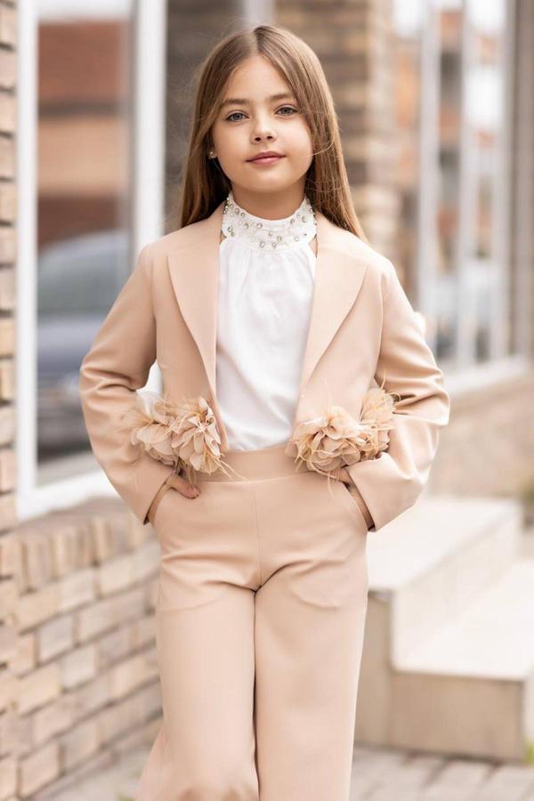 Kız Çocuk Çiçek Broş Detaylı Blazer Ceket Halter Yaka Taş Detaylı Bluz Krem Alt Üst Takım - Image 1