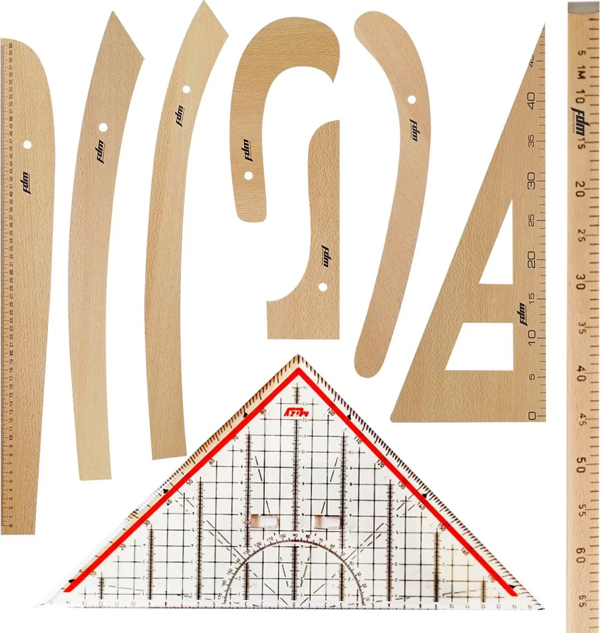 FDM 9 Parça Set - 7 Parça Ahşap Riga Seti, Dikiş Seti 1 Metre Tahta Cetvel ve Modelist Gönyesi - - Image 1