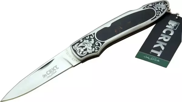 CRKT CR 0128 KHV Kamp Çakı 18 cm - Metal Desenli Sap, Kılıflı, Kutulu - Image 1