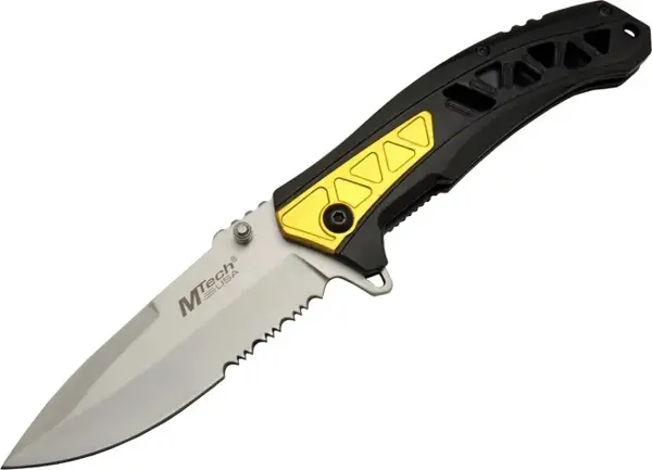 Mtech 4191 Sarı Kamp Çakı 21cm - Yarı Otomatik, Kemerlikli, Testere Detaylı, Desenli Sap - Image 1