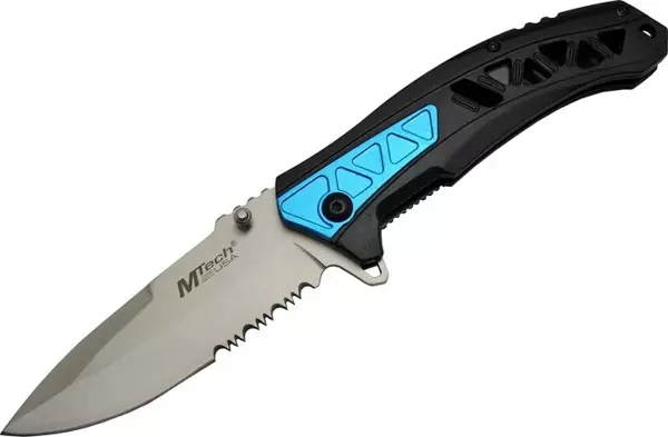 Mtech 4193 Mavi Kamp Çakı 21cm - Yarı Otomatik, Kemerlikli, Testere Detaylı, Desenli Sap - Image 1