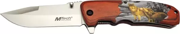 Mtech Y 12K Kahverengi Kamp Çakı 21,5cm - Yarı Otomatik, Kemerlikli, Kurt Baskılı Ahşap Sap - Image 1