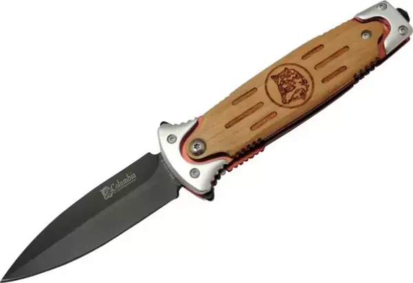 Columbia FS 11033 Kahverengi Kurtarma / Kamp Çakısı 20cm - Yarı Otomatik, Kurt İşlemeli Ahşap Sap, Kemerlikli - Image 1