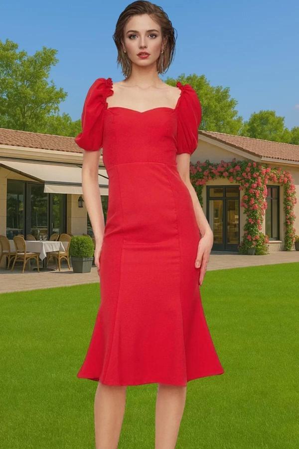 Şık Kalp Yaka Kısa Kollu Polyester Abiye Elbise Premium Kalite Dayanıklı Malzeme Kaliteli İşçilik - Image 1