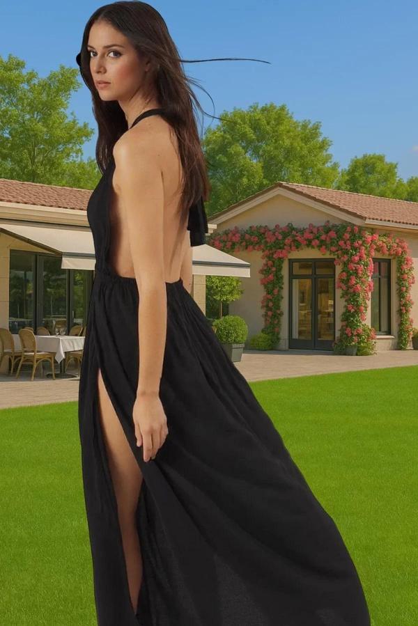 Şık V Yaka Maxi Plaj Elbisesi Rahat Kalıp Crinkle Dokuma Viskoz Kumaş Modern Stil Mükemmel Uyum - Image 1