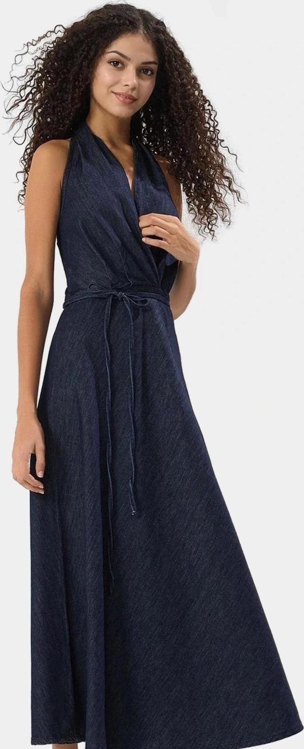 Cool & Comfort Denim Maxi Elbise Pamuk Halter Yaka Volanlı Detay Rahat Ve Şık Yüksek Kalite - Image 1