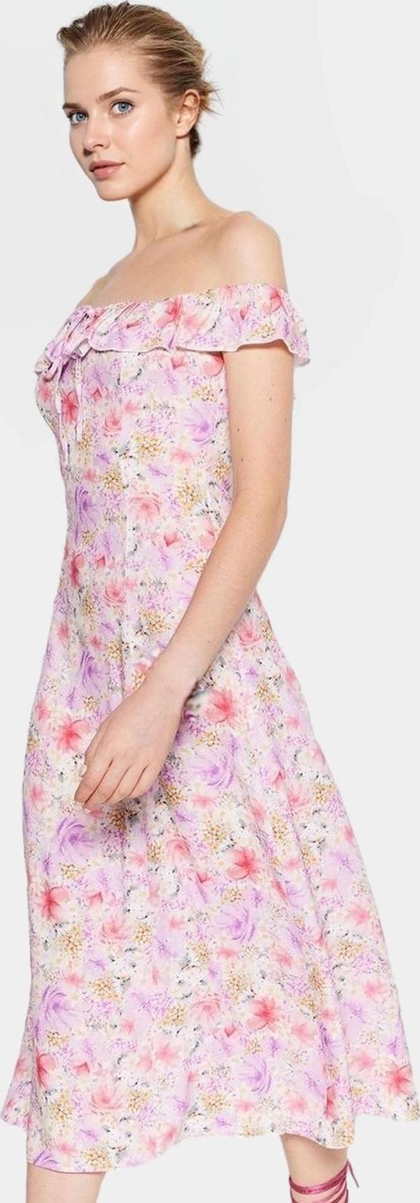 A Kesim Carmen Yaka Şık Midi Elbise Çiçek Desenli Shally Dokuma Mükemmel Uyum Uzun Ömürlü - Image 1