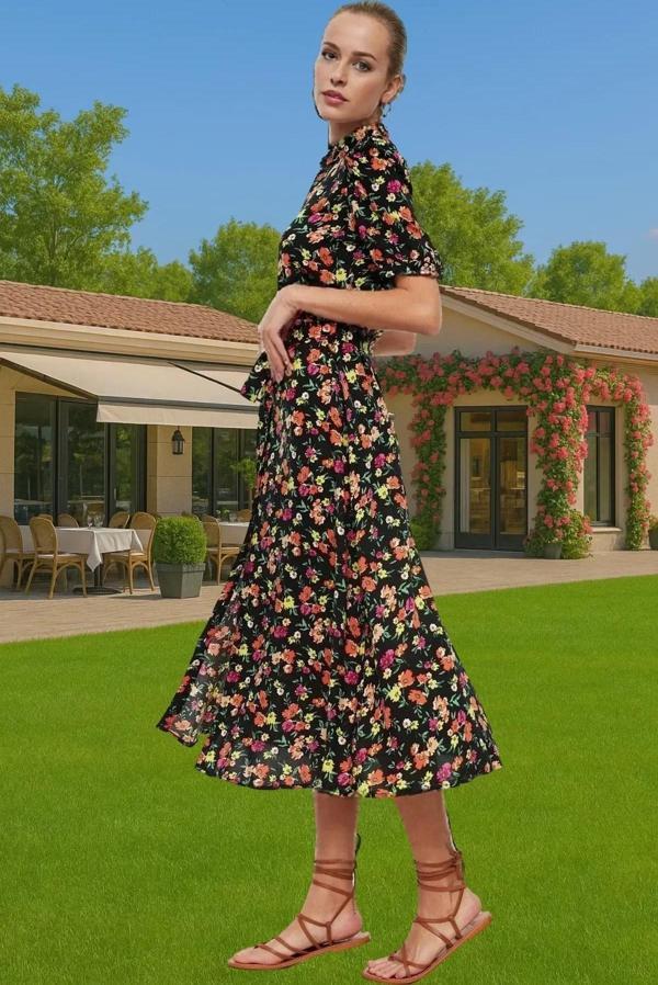 Kadın Şık Midi Boy Viskoz Elbise Animal Desenli Kuşak Detayı Casual Rahat Kullanım Şık Görünüm - Image 1