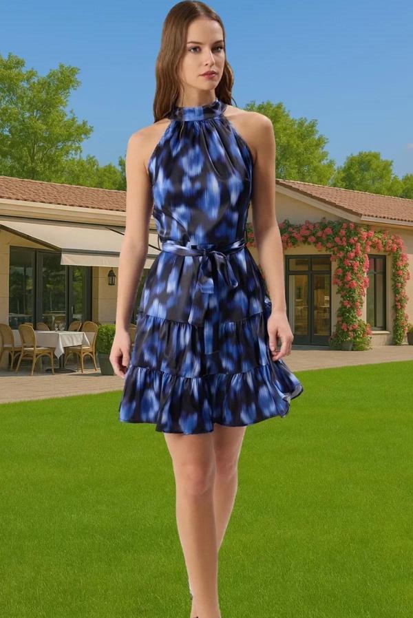 Kadın Yazlık Mini Elbise Saten Dokuma Çiçekli A Kesim Rahat Profesyonel Görünüm Rahat Kullanım - Image 1