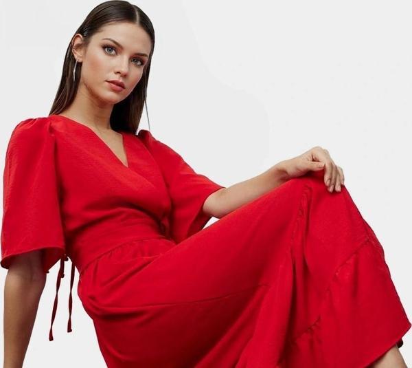 Kuşaklı Midi Elbise Rahat Kesim V Yaka Aerobin Dokuma Uzun Ömürlü Yüksek Kalite - Image 1