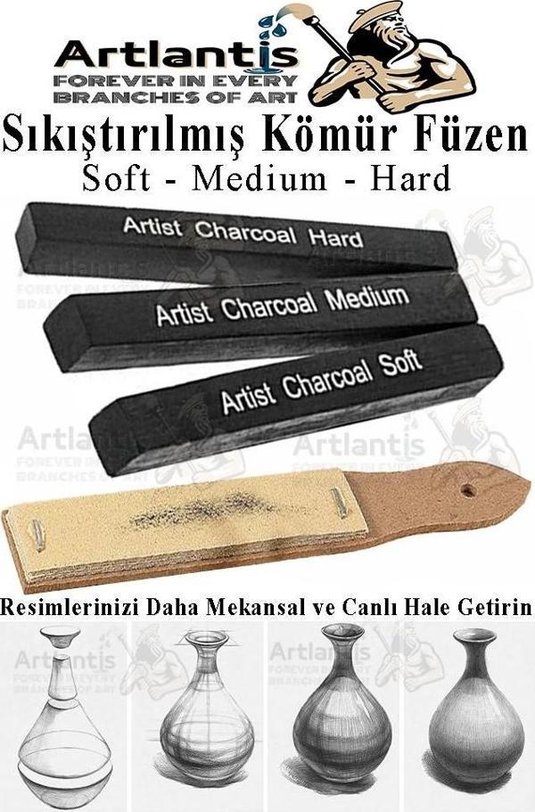 Sıkıştırılmış Kömür Füzen Seti 3 lü ve Zımpara 1 Paket Siyah Kare Press Kömür Füzen Yassı Çizim Gölgelendirme Grafit - Image 1